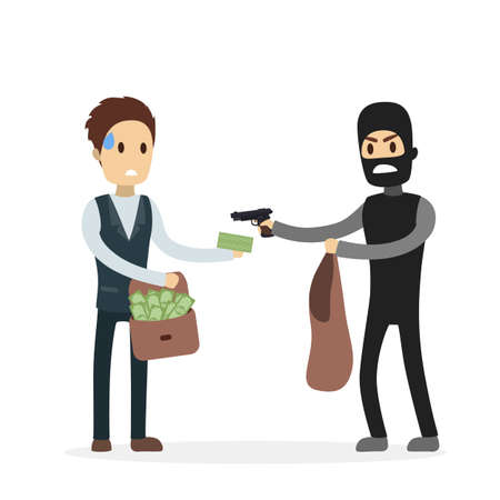 Robber stealing money from man and threting with gun.