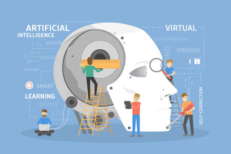 Robot head construction. People creating artificial intelligence.