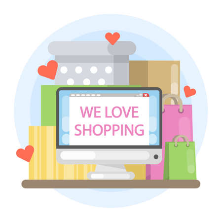 We love shopping. Computer screen with shopping bags.のイラスト素材