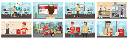 Food delivery to office set. Businessman ordering food, chef preparing and courier delivering.のイラスト素材