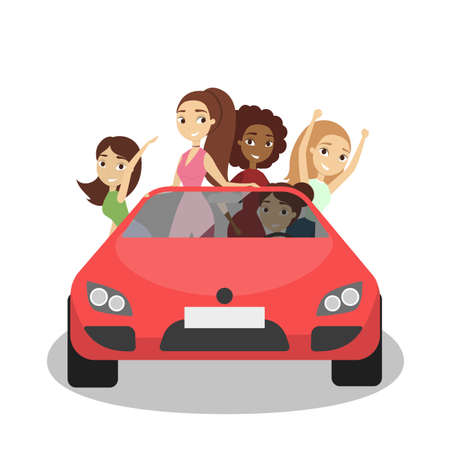 Happy women in the car driving for party.のイラスト素材