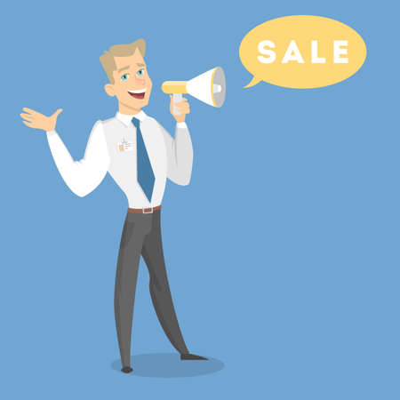 Man with megaphone promoting sale on blue.のイラスト素材
