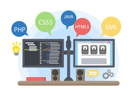 Programmers computer illustration with coding languages and apps.のイラスト素材