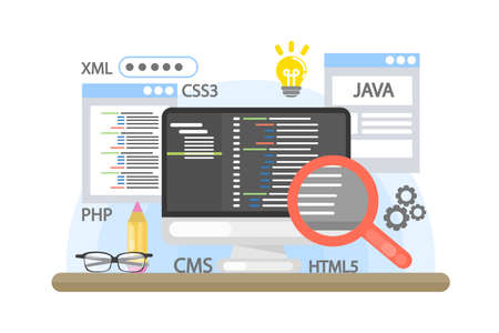 Programming computer illustration. Screen with code on desk.のイラスト素材