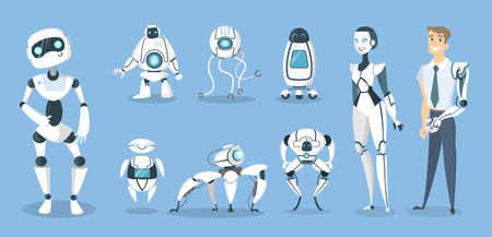 Future robots set. Androids and cyborgs, AI and prosthesis.のイラスト素材