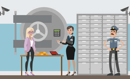 Safety deposit box. Bank workers with clients.のイラスト素材