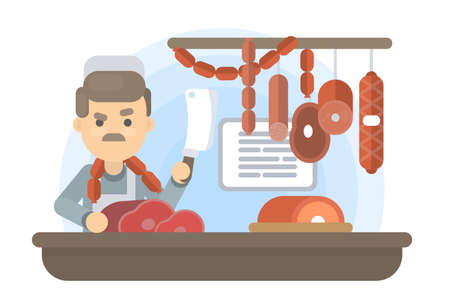 Butcher with meat in the local shop.のイラスト素材