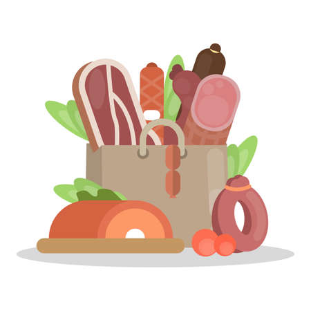 Meat products bag with ham and sausages, beef and pork.のイラスト素材