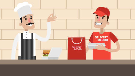 Preparing delivery food with chef and courier on kitchen.のイラスト素材