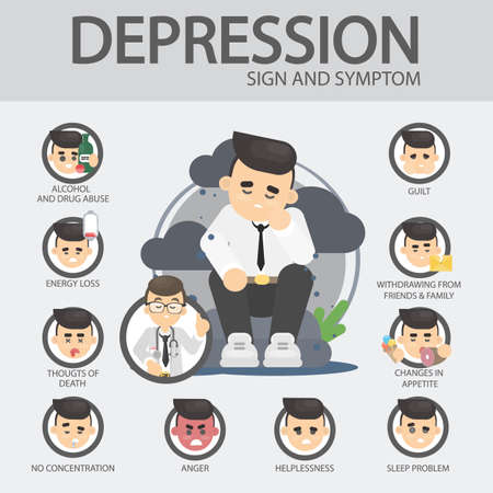 Depression signs and symptoms. Energy loss and anger, drug abuse and sadness.のイラスト素材