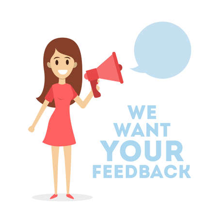 We want your feedback. Woman with megaphone with speech bubble.のイラスト素材
