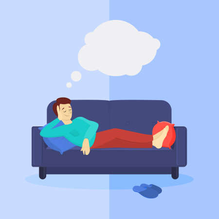 Man on sofa laying and dreaming. White bubble.のイラスト素材