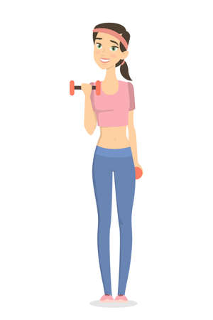 Woman doing fitness exercises with dumbbells on white.のイラスト素材