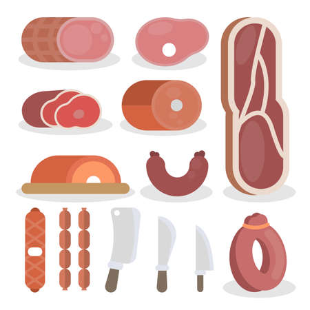Butcher equipment set. Red meet, sausages and knivesのイラスト素材