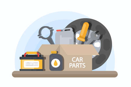 Car parts in tool box. Car repair service.のイラスト素材
