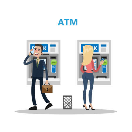 People with ATM. in bank taking money or paying debts.のイラスト素材