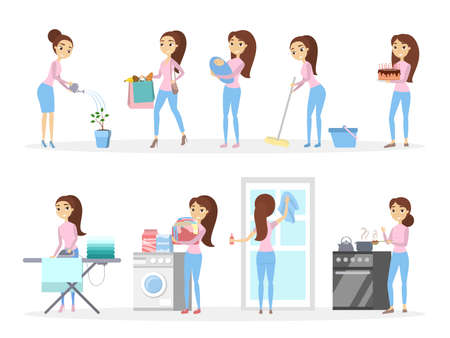 Isolated housewife set cooking, cleaning and more.のイラスト素材
