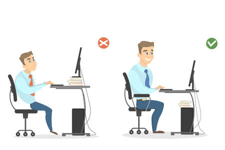 Office sitting position. Man sitting right and wrong.のイラスト素材