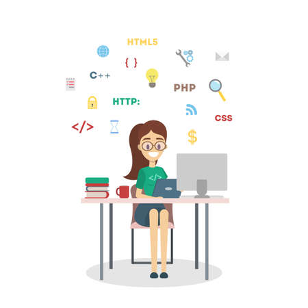 Woman programmer with laptop sitting at office.のイラスト素材