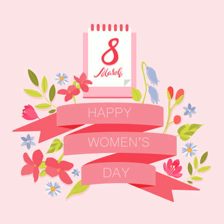The 8 March Day with ribbons and flowers in pink background.のイラスト素材