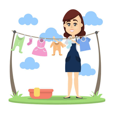 Cartoon woman drying clothes image illustrationのイラスト素材