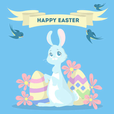 Happy Easter card with Easter eggs and bunny.のイラスト素材