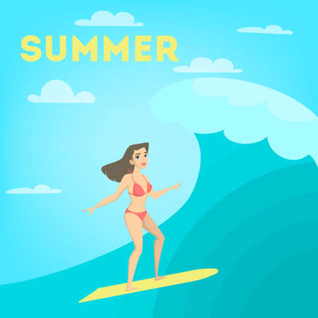 Woman surfing on waves.のイラスト素材