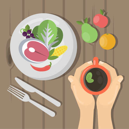 Lunch top view with fish, tea, vegetables and fruits.のイラスト素材