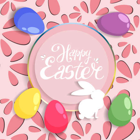 Happy Easter card template with bunny and Easter eggs.のイラスト素材