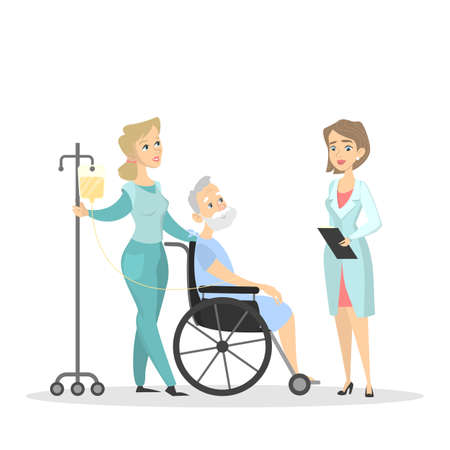 Doctor and nurse with patient on wheelchair.のイラスト素材