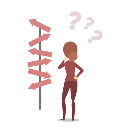 Confused woman with arrows and question marks.のイラスト素材