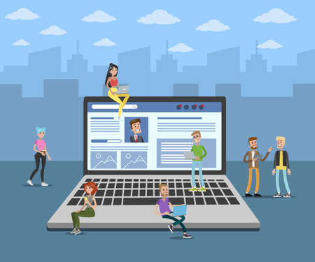 Laptop social media with people around it.のイラスト素材