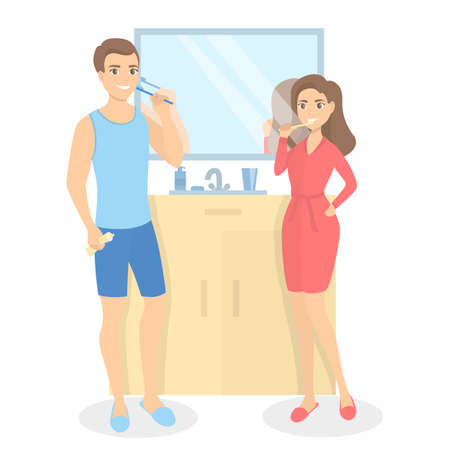 Couple daily routine - brushing teeth.のイラスト素材