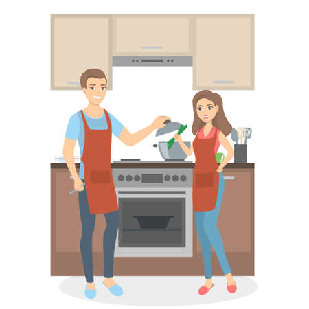 Couple daily routine - cooking.のイラスト素材