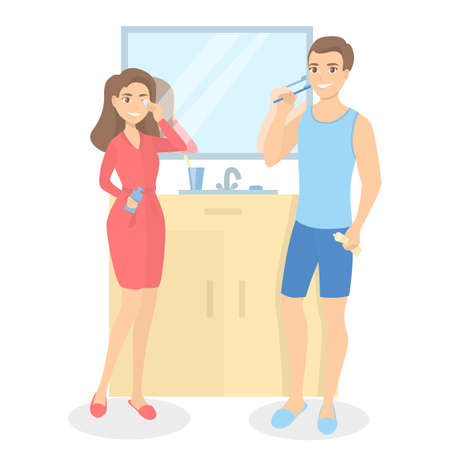 Couple daily routine - brushing teeth.のイラスト素材