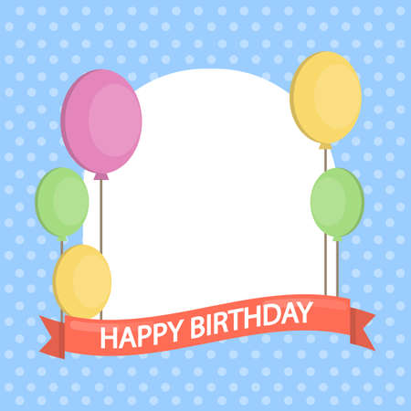 Happy birthday card with balloons illustration on blue background.のイラスト素材