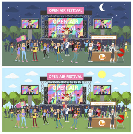 Open air festival with group of people partying illustration.のイラスト素材