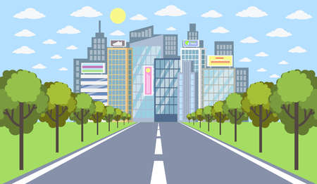 Road to city with buildings, trees and sun illustration.のイラスト素材