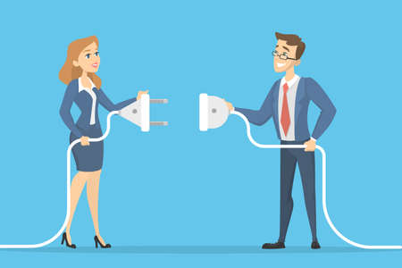 Business connection concept. Two businessmen plugging socket.のイラスト素材