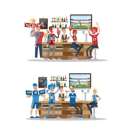 Football fans in bar with fans stuff. Red and blue.のイラスト素材