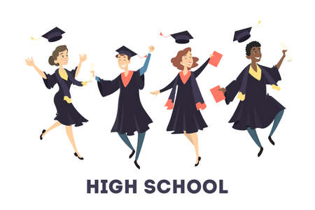 Gratuated students jumping with hats and diploma on white.のイラスト素材