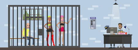Police station interior with cops and visitors. Prostitutes and officer. Vector illustration.のイラスト素材