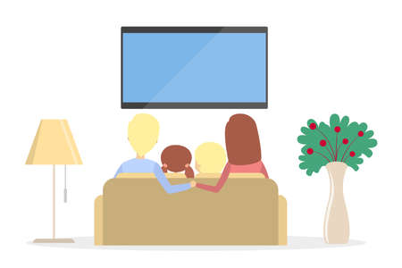 Family watching TV at home together on white.のイラスト素材