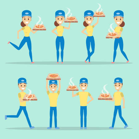 Pizza delivery set. Man and woman with cardboard boxes.のイラスト素材