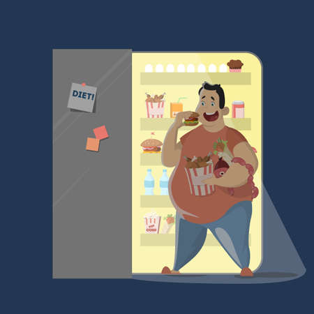 Man eating at night near the fridge.のイラスト素材