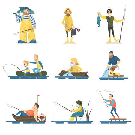 Fisher people set. Men with children fishing on white.のイラスト素材