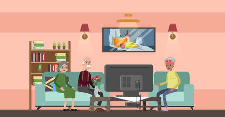 Nursing home interior with senior people and assistants.のイラスト素材