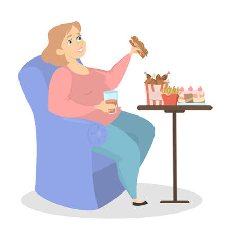 Fat woman eating burgers at home on white.のイラスト素材