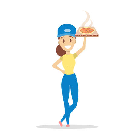 Pizza delivery set. Vector illustration with woman holding pizza.のイラスト素材