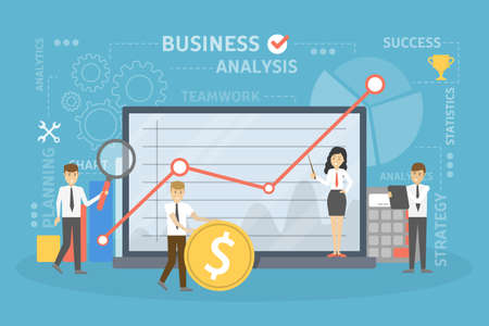 Business analysis illustration. People with computer showing graph and data.のイラスト素材